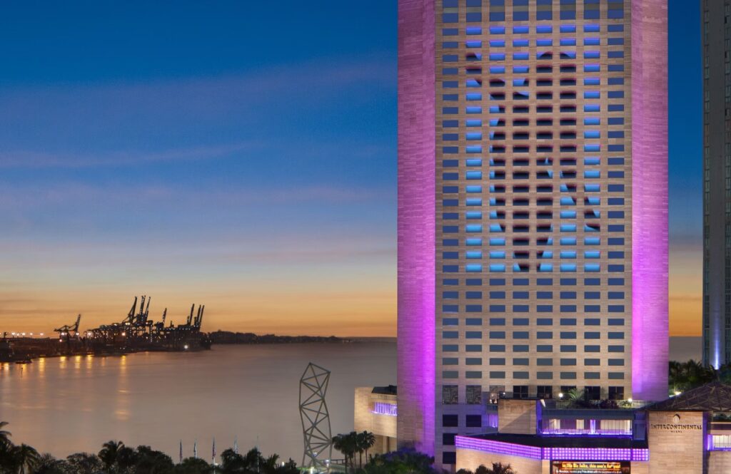 InterContinental Hotel Miami Renovation, $30M renovation featuring iconic 19-story Dancing Lady LED display and restaurant additions by Ortega Construction Company.